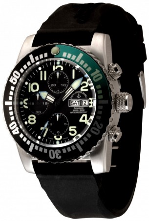 Zeno-Watch Basel Airplane diver 45 mm Automatic Chronograph Numbers, black/green 6349TVDD-12-a1-8