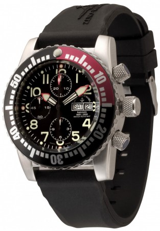 Zeno-Watch Basel Airplane diver 45 mm Automatic Chronograph Numbers, black/red 6349TVDD-12-a1-7