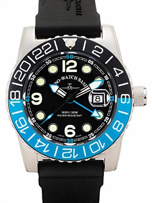 Zeno-Watch Basel Airplane diver 45 mm Quartz GMT Points (Dual Time), black/blue 6349Q-GMT-a1-4