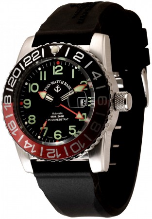 Zeno-Watch Basel Airplane diver 45 mm Automatic GMT Numbers (Dual Time), black/green 6349GMT-12-a1-7